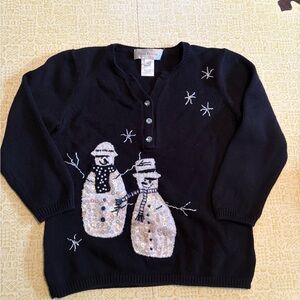 Vintage Susan Bristol Black V-Neck Sweater with Snowman Design